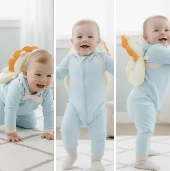 Toddler happily learning to stand wearing Cloedar Headzzy cushion backpack