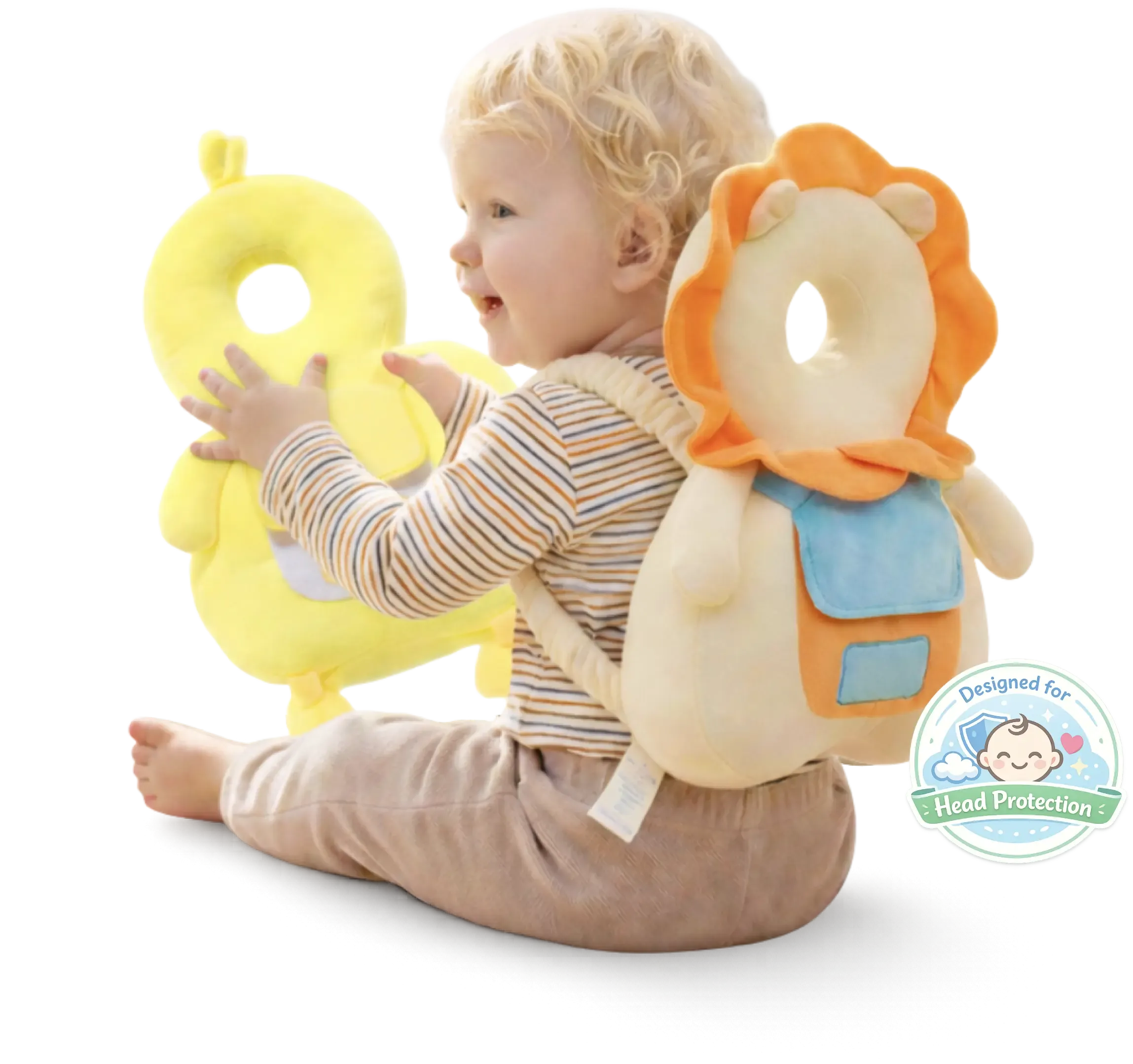 Cloedar Headzzy baby head protector backpack cushions showing Bumblebee and Playful Lion editions